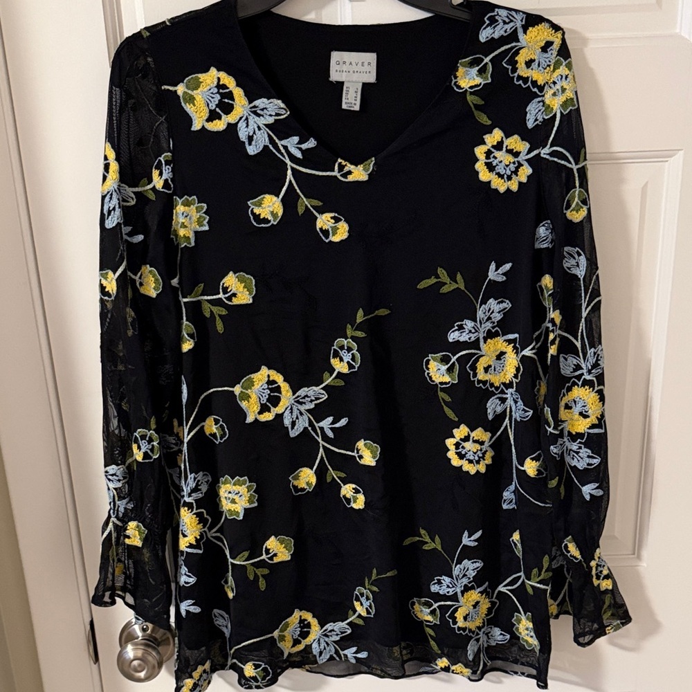 Susan Graver Black V-neck Floral Embroidered Mesh Top Lined Liquid Knit Small